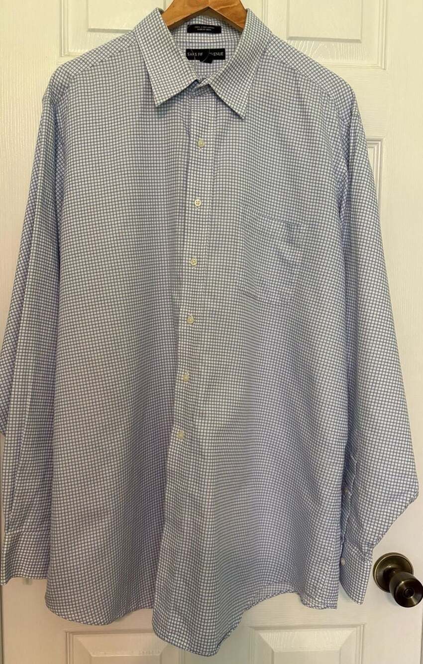 EUC Saks Fifth Avenue Men's Blue & White Micro Check Dress Shirt, 18 36/37, XXL